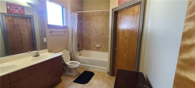 bathroom with tile patterned flooring, toilet, a sink, double vanity, and shower / bath combo with shower curtain