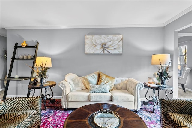 living room featuring ornamental molding and carpet flooring