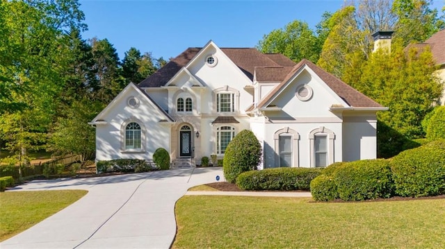 french country home with stucco siding, driveway, and a front yard