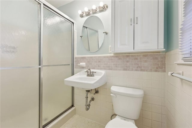 bathroom with a stall shower, wainscoting, a sink, and toilet