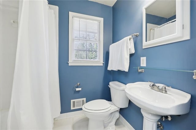 bathroom with visible vents, toilet, a sink, tile patterned flooring, and baseboards