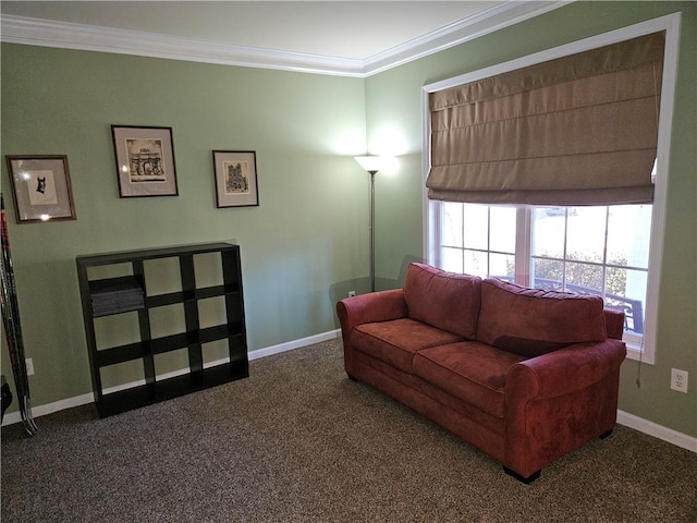 living room with ornamental molding and dark carpet