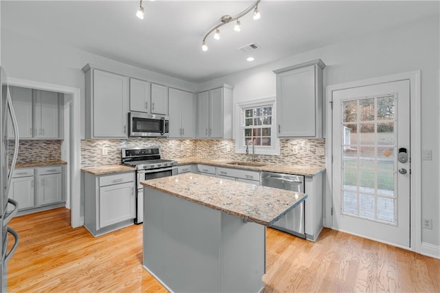 4120 Lakeside Blvd, Monroe, GA 30655 - kitchen featuring appliances with stainless steel finishes, a sink, gray cabinetry, and healthy amount of natural light