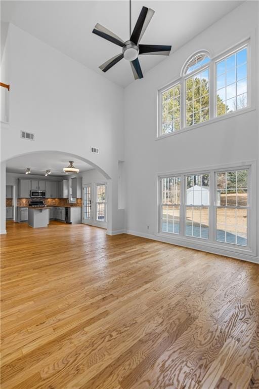 4120 Lakeside Blvd, Monroe, GA 30655 - unfurnished living room with a high ceiling, healthy amount of natural light, arched walkways, a ceiling fan, and light wood-style floors