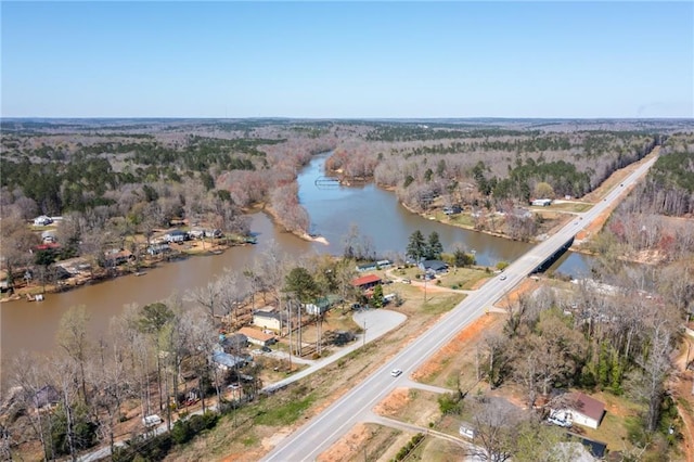 bird's eye view with a water view and a forest view