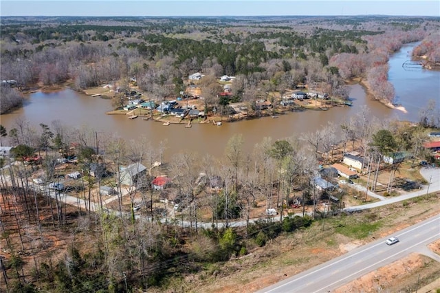 birds eye view of property with a water view and a forest view