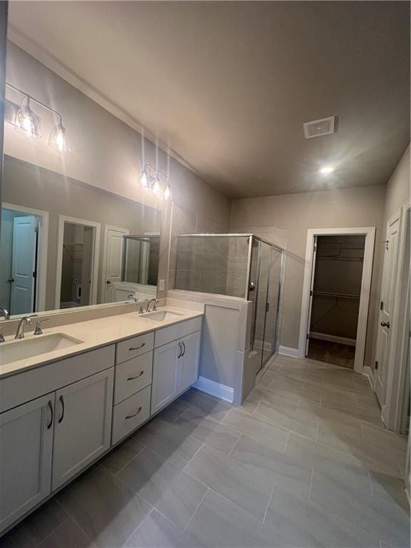 bathroom featuring vanity and a shower with shower door