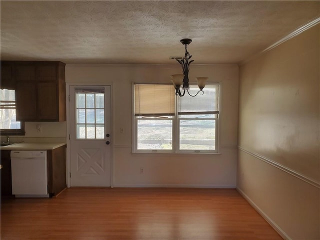 unfurnished dining area with a wealth of natural light, a textured ceiling, and light wood finished floors