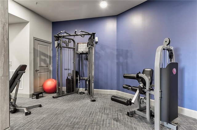 workout room featuring carpet