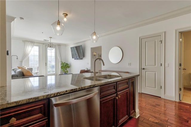 kitchen with crown molding, stainless steel dishwasher, stone countertops, and sink