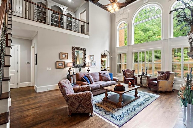 31 Brownson Ct, Acworth, GA 30101 - living area featuring crown molding, a towering ceiling, wood finished floors, baseboards, and ceiling fan