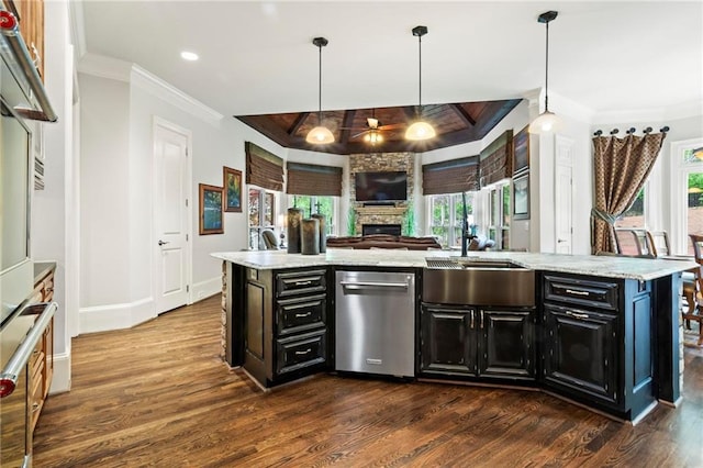 31 Brownson Ct, Acworth, GA 30101 - kitchen featuring stainless steel dishwasher, ornamental molding, a stone fireplace, dark cabinets, and a ceiling fan
