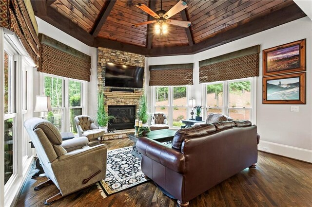 31 Brownson Ct, Acworth, GA 30101 - living room featuring high vaulted ceiling, a stone fireplace, a ceiling fan, baseboards, and wood ceiling