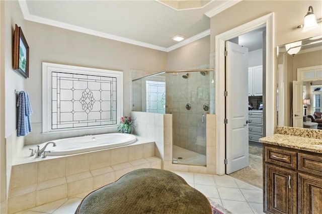31 Brownson Ct, Acworth, GA 30101 - full bath with tile patterned flooring, ornamental molding, a bath, and a shower stall
