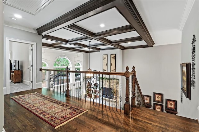 31 Brownson Ct, Acworth, GA 30101 - hallway with crown molding, wood finished floors, and an upstairs landing