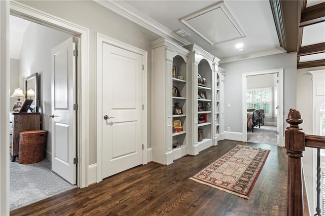 31 Brownson Ct, Acworth, GA 30101 - corridor featuring attic access, dark wood finished floors, baseboards, ornamental molding, and recessed lighting