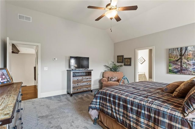 31 Brownson Ct, Acworth, GA 30101 - carpeted bedroom with visible vents, baseboards, ceiling fan, and lofted ceiling