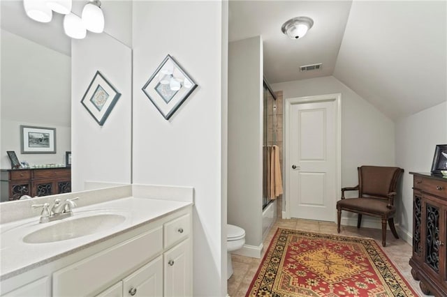 31 Brownson Ct, Acworth, GA 30101 - bathroom featuring visible vents, vanity, lofted ceiling, toilet, and combined bath / shower with glass door