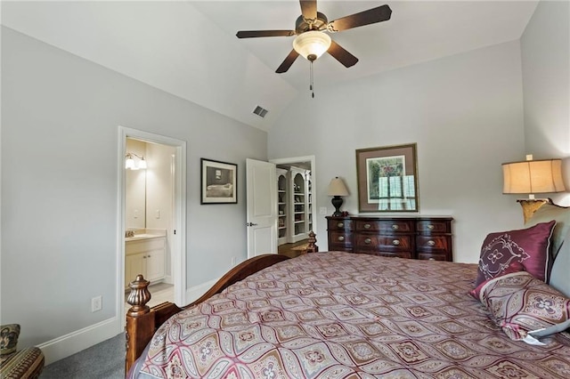 31 Brownson Ct, Acworth, GA 30101 - carpeted bedroom featuring ensuite bath, high vaulted ceiling, a ceiling fan, baseboards, and visible vents