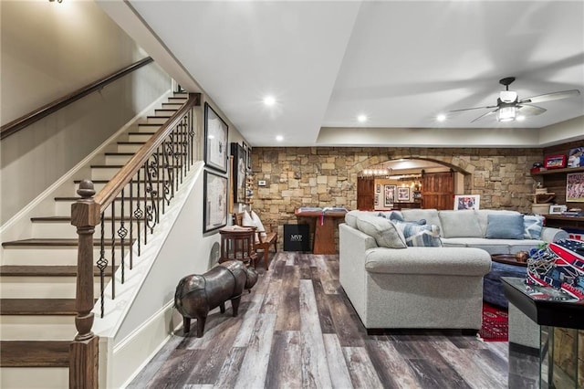 31 Brownson Ct, Acworth, GA 30101 - living area with ceiling fan, arched walkways, dark wood finished floors, stairway, and recessed lighting