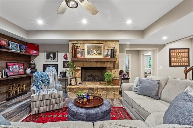 31 Brownson Ct, Acworth, GA 30101 - living area with recessed lighting, a ceiling fan, wood finished floors, and a fireplace