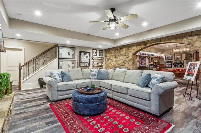 31 Brownson Ct, Acworth, GA 30101 - living room featuring recessed lighting, arched walkways, ceiling fan, and wood finished floors