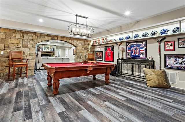 31 Brownson Ct, Acworth, GA 30101 - rec room with arched walkways, visible vents, billiards, and wood finished floors