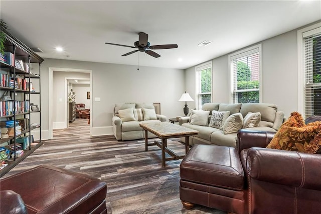31 Brownson Ct, Acworth, GA 30101 - living room featuring ceiling fan, recessed lighting, baseboards, visible vents, and dark wood-style floors