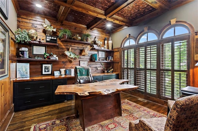 31 Brownson Ct, Acworth, GA 30101 - office space featuring dark wood finished floors, beam ceiling, built in desk, wooden walls, and coffered ceiling