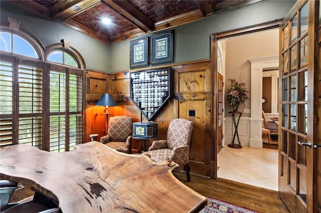 31 Brownson Ct, Acworth, GA 30101 - bedroom featuring wainscoting, coffered ceiling, beam ceiling, and wood finished floors