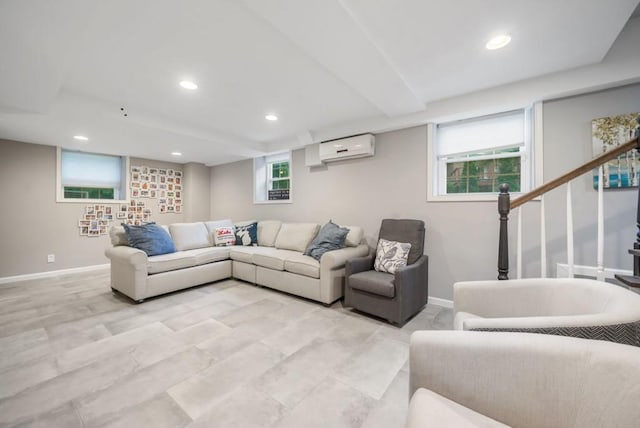 1315 Merry Ln NE, Atlanta, GA 30329 - living area featuring a wall unit AC, recessed lighting, and stairway