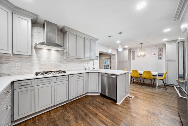1315 Merry Ln NE, Atlanta, GA 30329 - kitchen featuring wall chimney range hood, dishwasher, gray cabinets, gas cooktop, and recessed lighting