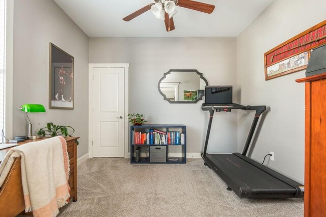 2075 Old Georgian Ter NW, Atlanta, GA 30318 - workout room featuring a ceiling fan, carpet flooring, and baseboards