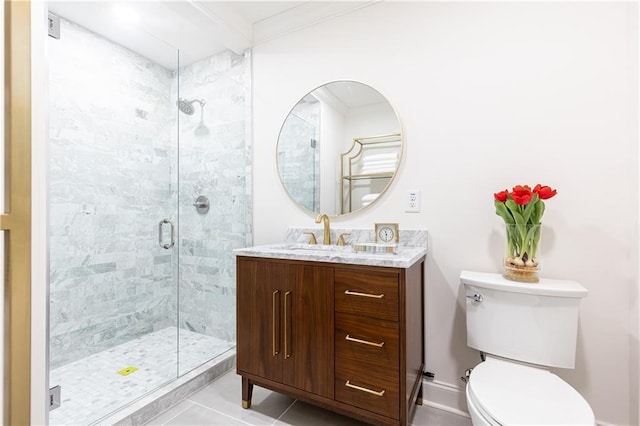 full bathroom with toilet, tile patterned floors, crown molding, vanity, and a shower stall