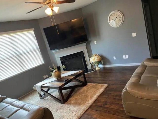 11547 Hathaway Dr, Hampton, GA 30228 - living room with ceiling fan, wood finished floors, and a glass covered fireplace