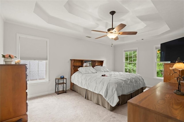 1418 Mill Path Loop, Lawrenceville, GA 30045 - bedroom with a raised ceiling, light colored carpet, and a ceiling fan