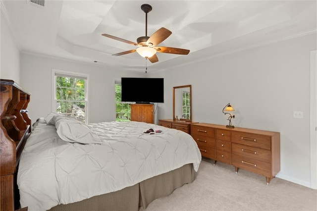 1418 Mill Path Loop, Lawrenceville, GA 30045 - bedroom with light carpet, a raised ceiling, crown molding, and a ceiling fan