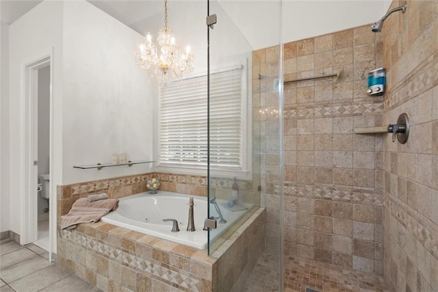 1418 Mill Path Loop, Lawrenceville, GA 30045 - bathroom featuring a shower stall, a tub with jets, tile patterned floors, and a chandelier