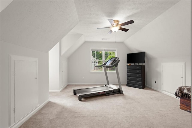 1418 Mill Path Loop, Lawrenceville, GA 30045 - workout area featuring carpet flooring, a textured ceiling, lofted ceiling, and ceiling fan