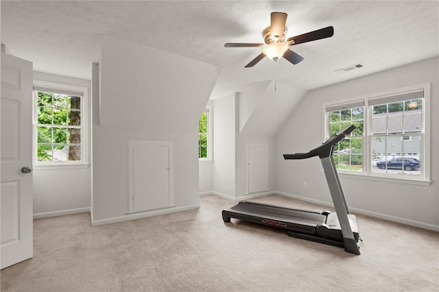 1418 Mill Path Loop, Lawrenceville, GA 30045 - workout room with carpet, ceiling fan, a textured ceiling, and vaulted ceiling