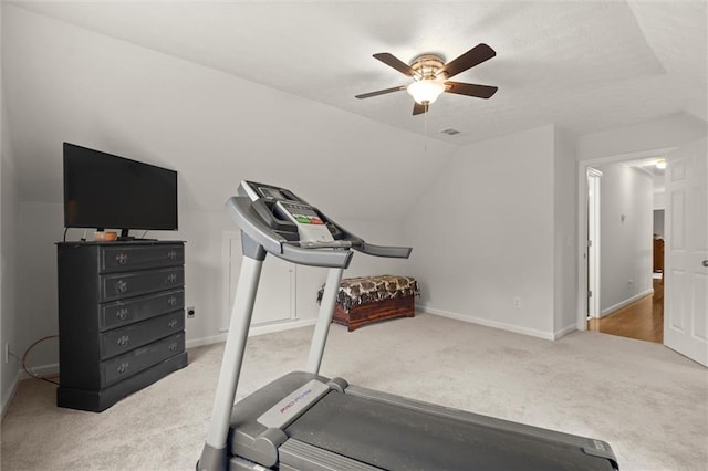 1418 Mill Path Loop, Lawrenceville, GA 30045 - workout area featuring carpet flooring, a ceiling fan, and vaulted ceiling
