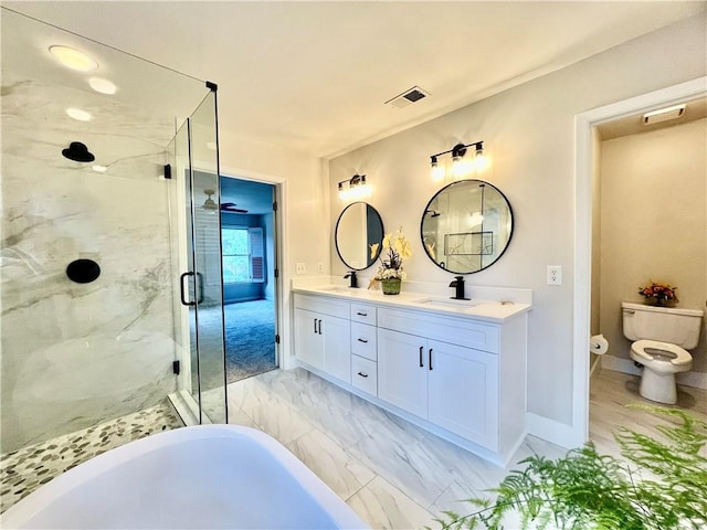 415 Wood Trace Ct, Alpharetta, GA 30022 - bathroom with a marble finish shower, double vanity, a soaking tub, and marble finish floors