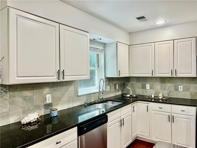 415 Wood Trace Ct, Alpharetta, GA 30022 - kitchen with dishwasher, white cabinets, dark stone countertops, and decorative backsplash