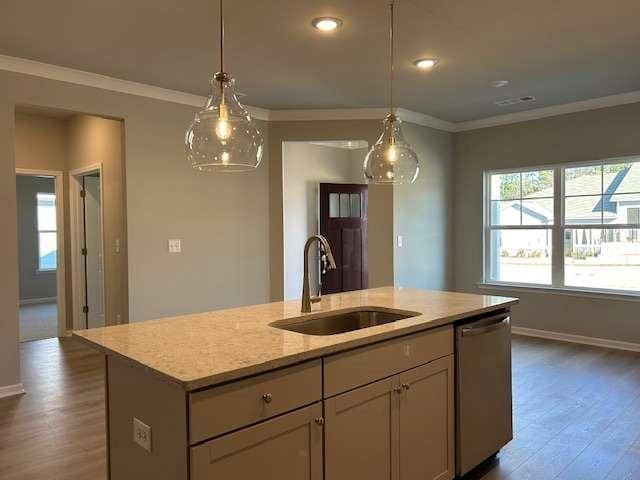 kitchen with sink, dark hardwood / wood-style flooring, stainless steel dishwasher, a kitchen island with sink, and ornamental molding