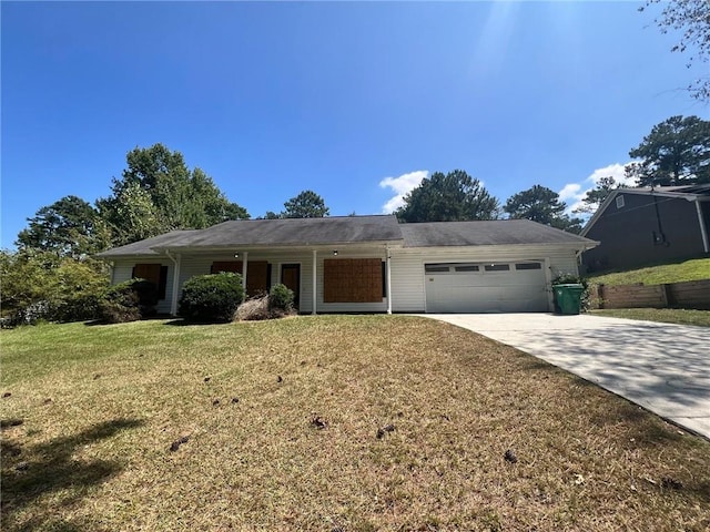 single story home with an attached garage, driveway, and a front yard