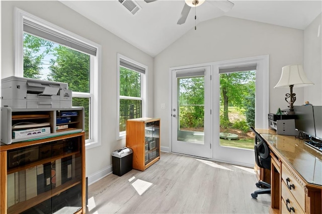 52 Lantern Trce, Hiram, GA 30141 - interior space with ceiling fan, visible vents, vaulted ceiling, baseboards, and light wood finished floors