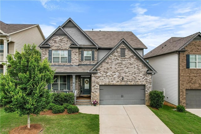 216 Orchard Trl, Canton, GA 30115 - craftsman-style house with a porch, driveway, a front lawn, and brick siding