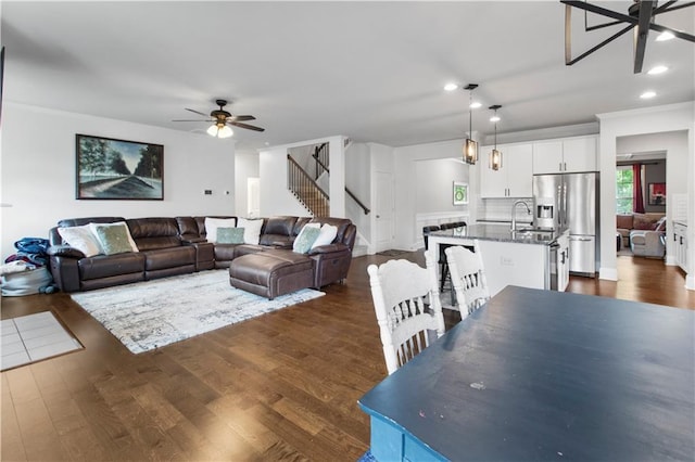 216 Orchard Trl, Canton, GA 30115 - living room with a ceiling fan, dark wood-style floors, stairway, and recessed lighting