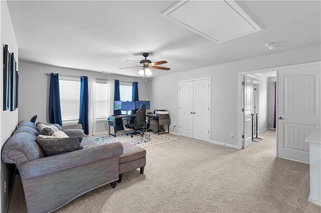 216 Orchard Trl, Canton, GA 30115 - home office featuring attic access, a ceiling fan, light colored carpet, and baseboards