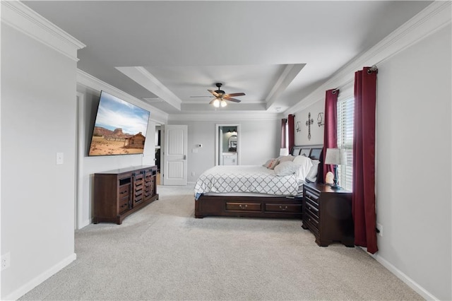 216 Orchard Trl, Canton, GA 30115 - bedroom with light colored carpet, ornamental molding, a raised ceiling, baseboards, and ceiling fan